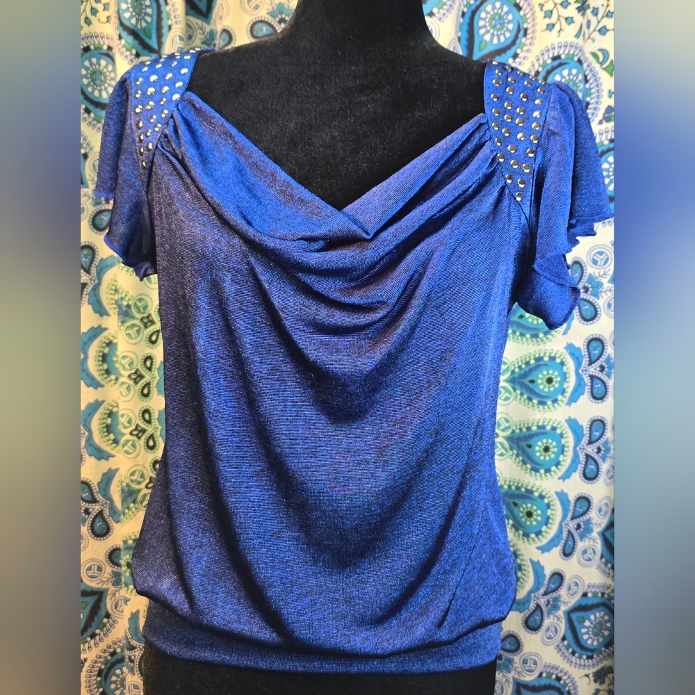 Vintage Y2K Studded Flounce Sleeve Shimmer Top LG